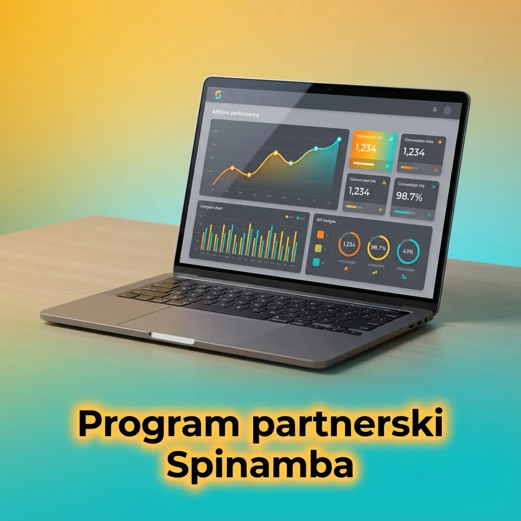 Grafika promująca program partnerski Spinamba z ikonami prowizji, marketingu i panelu raportowego